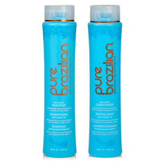 Pure Brazilian anti-frizz shampoo bottle shows daily frizz prevention for smoother hair.