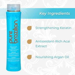 Pure Brazilian serum with keratin and argan oil nourishes and protects hair.