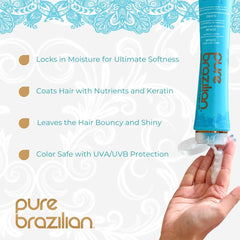 Pure Brazilian leave-in serum dispensing pump with easy application and quick absorption.