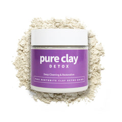 Pure Clay calcium bentonite powder packaging for versatile internal and external detox use.