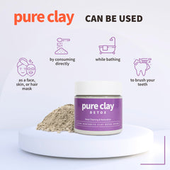 Pure Clay calcium bentonite powder scoop highlights convenient dose for daily detox and mask prep.