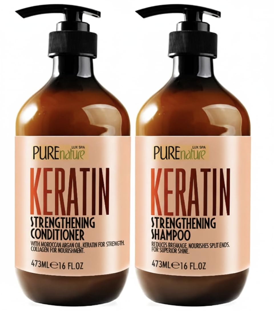 Pure Nature Lux Spa keratin shampoo bottle shows sulfate-free cleansing for smoother hair.