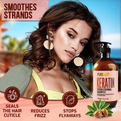 PURE NATURE LUX SPA Keratin Shampoo color-treated hair shot suggests color-safe care.