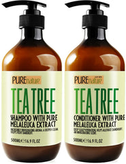 Pure Nature Lux Spa Tea Tree Shampoo bottle shows sulfate-free cleansing for oily hair