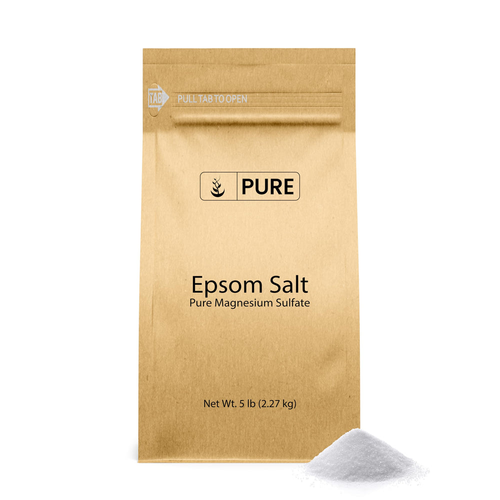 Pure Original Ingredients Epsom Salt 5lb bulk packaging shown for easy home use in relaxing soaks.