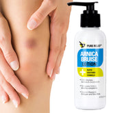 Pure Relief Arnica Cream jar shows bruise-relief formula for skin recovery.