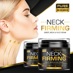 Pure Research Neck Firming Cream applied to the neck showing gentle lifting support.