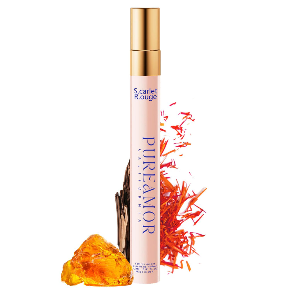 PUREAMOR saffron-amber bottle pour conveys premium fragrance for day-to-night versatility.