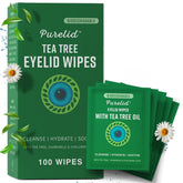 PURELID Tea Tree Eyelid Wipes packaging shows travel-ready single-use wrappers