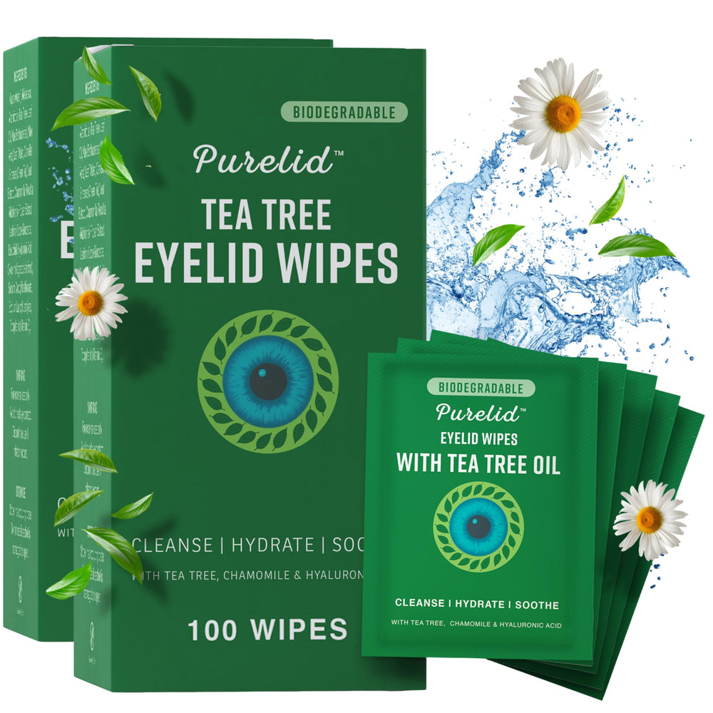 PURELID Tea Tree Eyelid Wipes packaging ready-for-use for daily lid hygiene on the go.