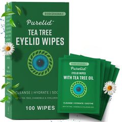 PURELID Tea Tree Eyelid Wipes packaging shows travel-ready single-use wrappers