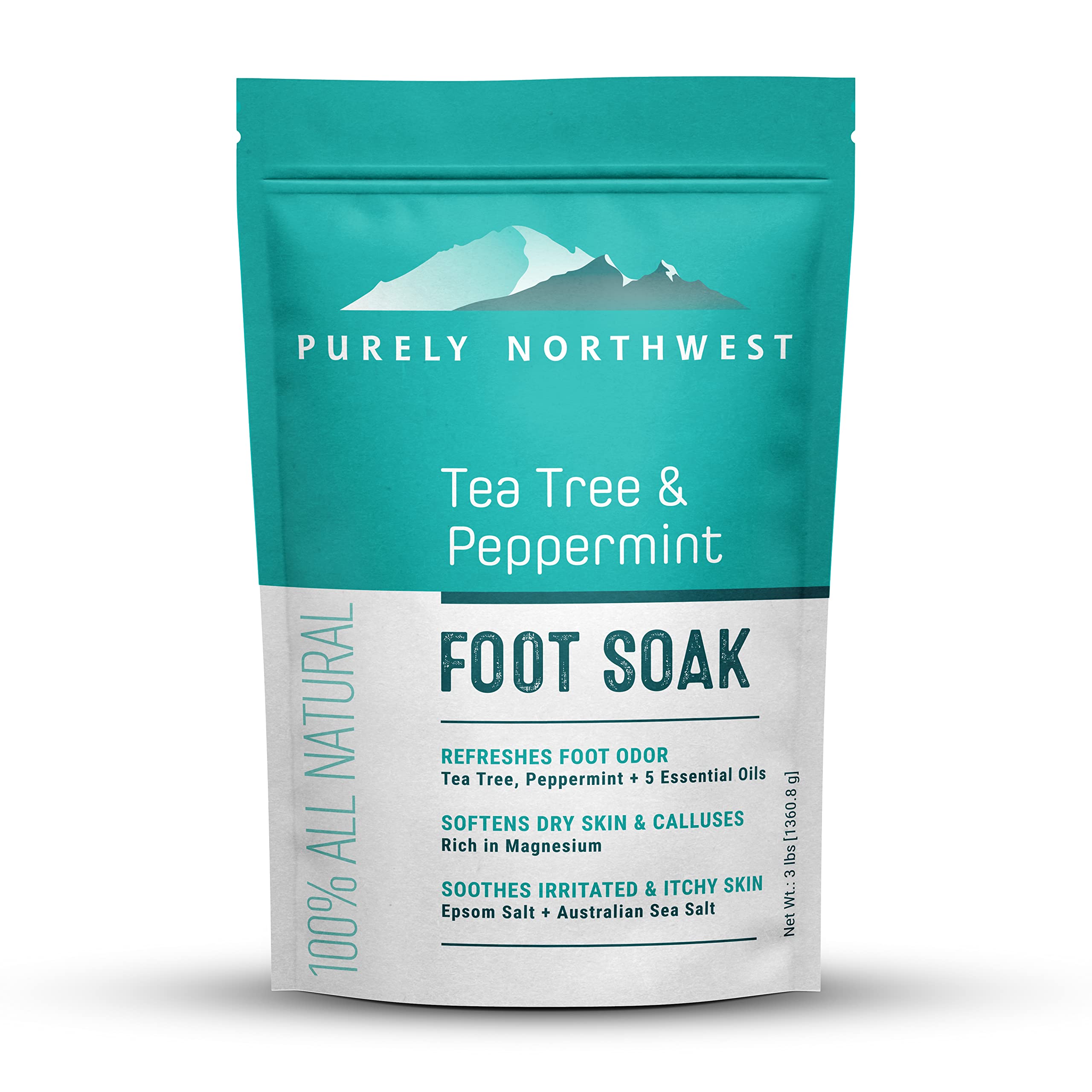 Purely Northwest tea tree peppermint foot soak bottle promotes comfort after daily wear