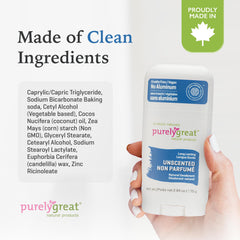 Purelygreat vegan ingredients deodorant—plant-based protection without fragrances.