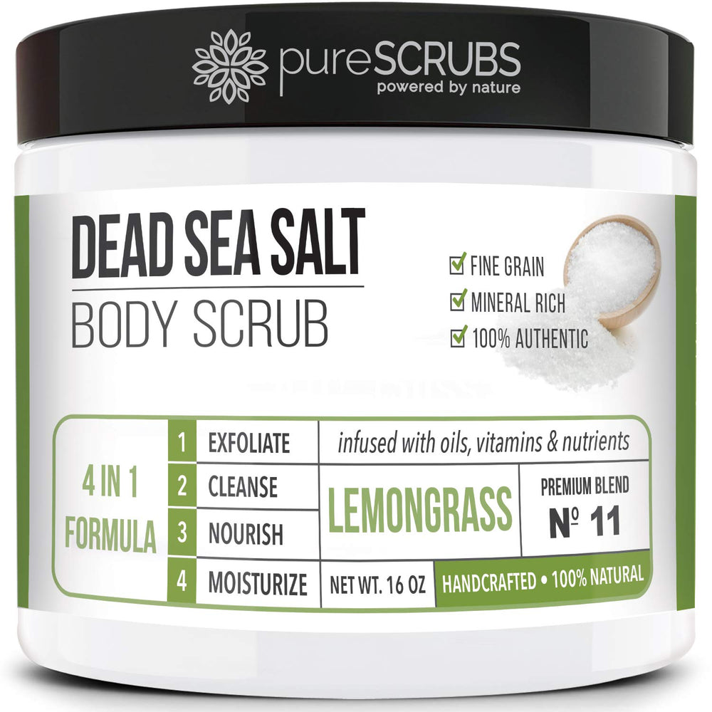 PureSCRUBS lemongrass scrub jar for generous exfoliation.