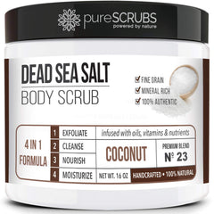 PureSCRUBS coconut body scrub jar for spa-like smooth skin.