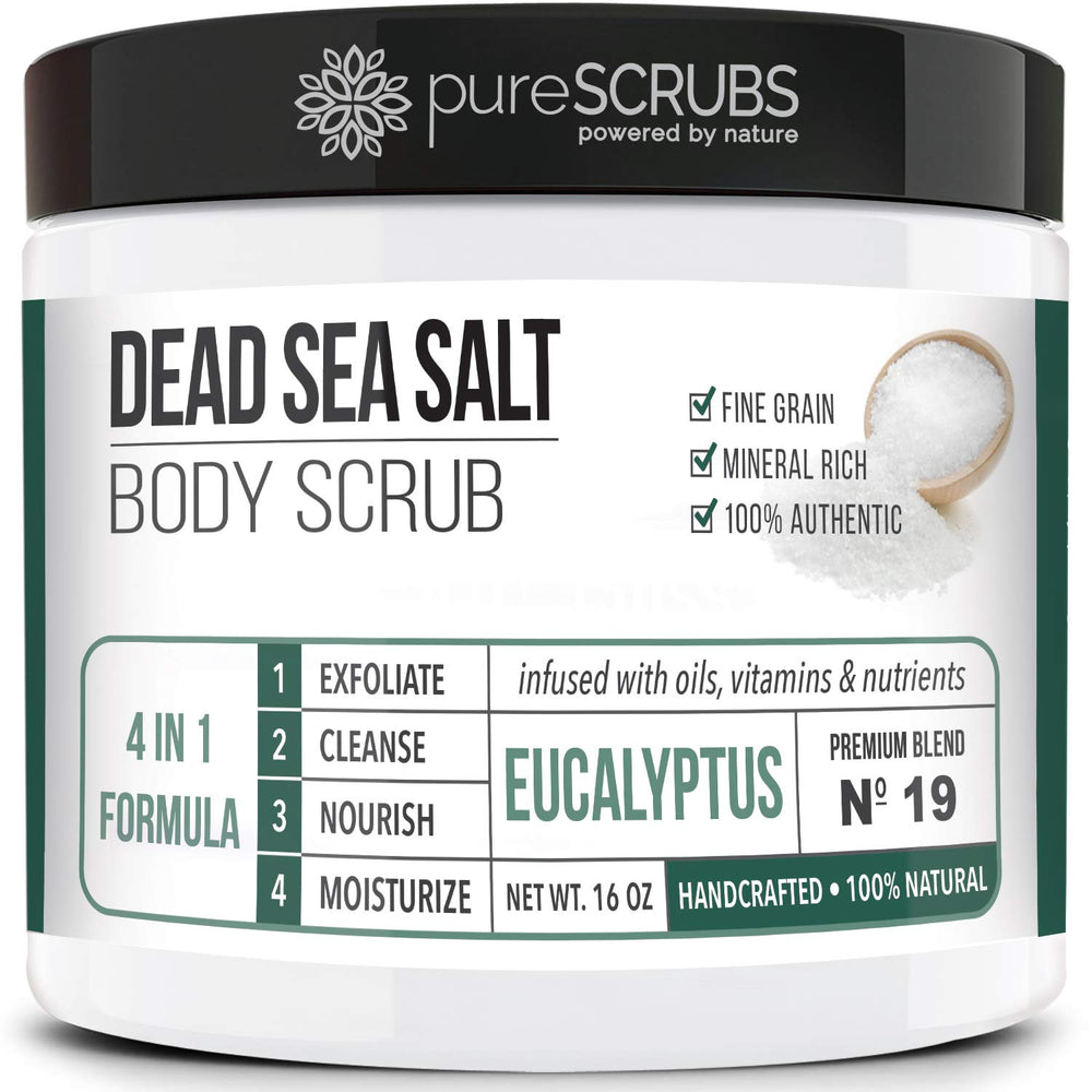 pureSCRUBS premium eucalyptus body scrub jar promises smoother skin through exfoliation