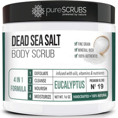 pureSCRUBS premium eucalyptus body scrub jar promises smoother skin through exfoliation