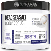 pureSCRUBS premium unscented body scrub jar showing 16oz Dead Sea salt exfoliant for smoother skin