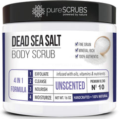 pureSCRUBS premium unscented body scrub jar showing 16oz Dead Sea salt exfoliant for smoother skin