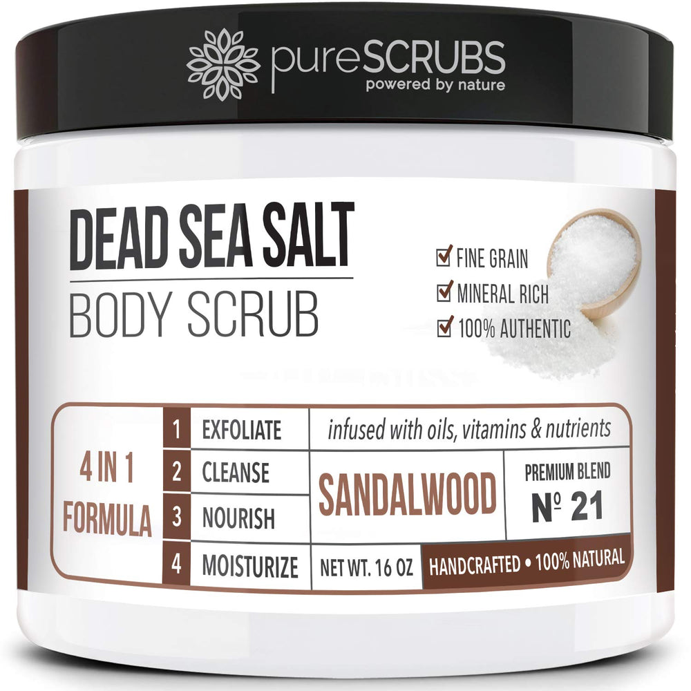 PureSCRUBS sandalwood scrub jar demonstrates fine-grain texture for smooth, glowing skin.