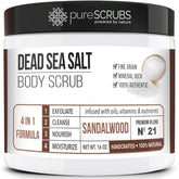 PureSCRUBS sandalwood scrub jar demonstrates fine-grain texture for smooth, glowing skin.
