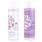 Purezero Biotin Shampoo bottle showcases volumizing formula for fuller hair.
