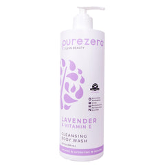 Purezero Lavender Vitamin E body wash bottle showing calming lavender for nourished skin