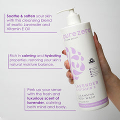 Purezero Lavender Vitamin E body wash texture close-up emphasizing rich moisture
