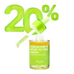 PURITO azelaic acid 10% tea tree kojic serum bottle highlights triple-action formula for clearer skin.