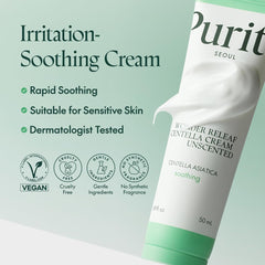 PURITO Centella Unscented Cream on fingertip demonstrates quick-absorb formula for sensitive skin.