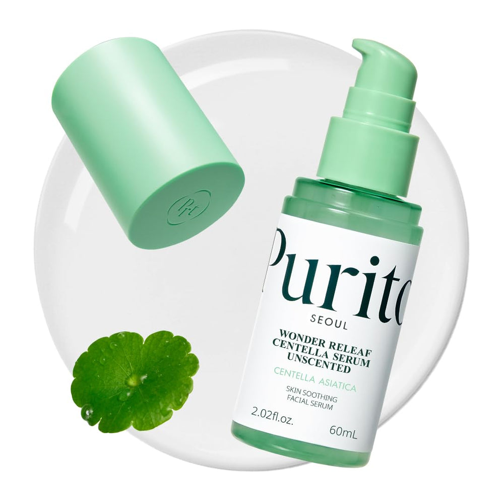 PURITO Centella Unscented Serum bottle close-up, highlighting calming formula for sensitive skin.