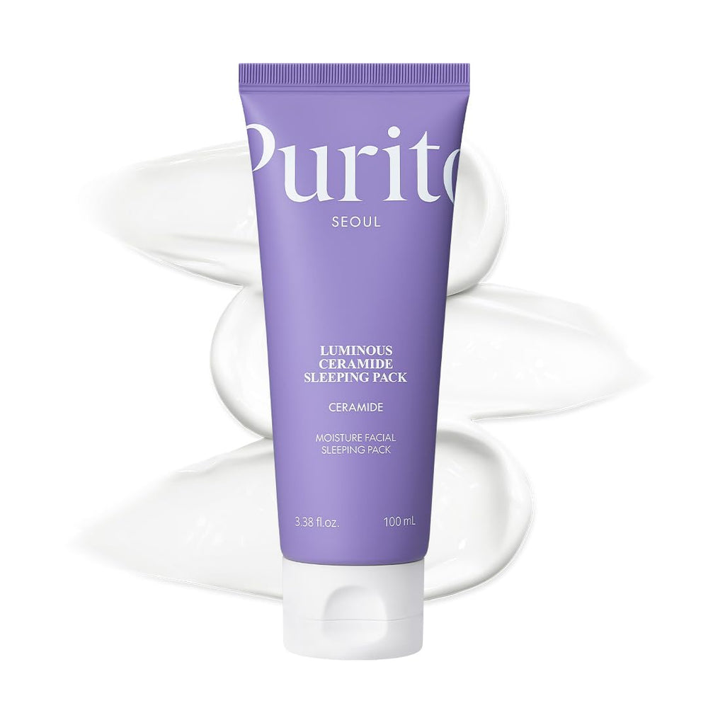 Purito Luminous Ceramide Sleeping Pack packaging highlights vegan, cruelty-free night skincare for sensitive skin.