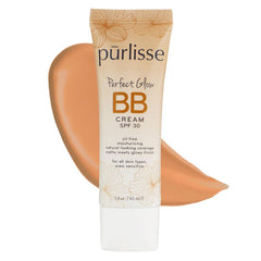 Purlisse Perfect Glow BB Cream SPF 30 front packshot shows medium-tan shade and natural coverage.