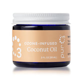 PurO3 ozonated coconut oil bottle highlights pure, deeply moisturizing skincare for face and body.