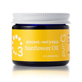 PurO3 ozonated sunflower oil bottle shows pure skincare with ozone-infused nourishment for dry skin.