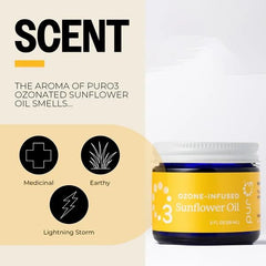 PurO3 ultra-pure ozone-infused oil bottle preserves purity for gentle facial care.
