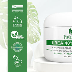 PurOrganica Urea 40% Foot Cream packaging highlights dermatologist-tested quality