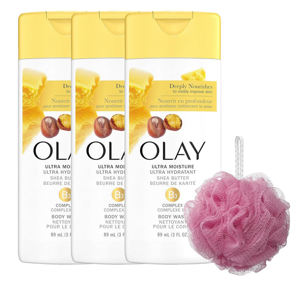 Purpur Olay Ultra Moisture Body Wash bottle with loofah bundle delivering spa-like hydration