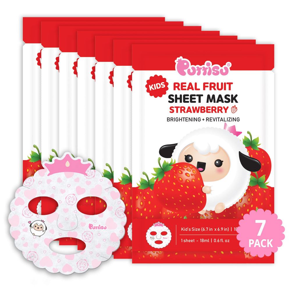 Puttisu strawberry mask on kid's face for gentle hydration with real fruit essence.