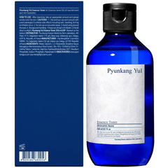 Pyunkang Yul Essence Toner pump-dispense demonstrates precise morning application.