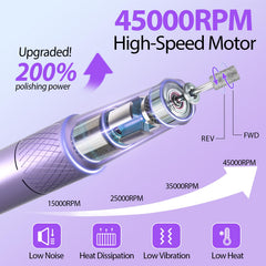 PYVOLA nail drill 45k RPM motor delivers strong torque for quick shaping.