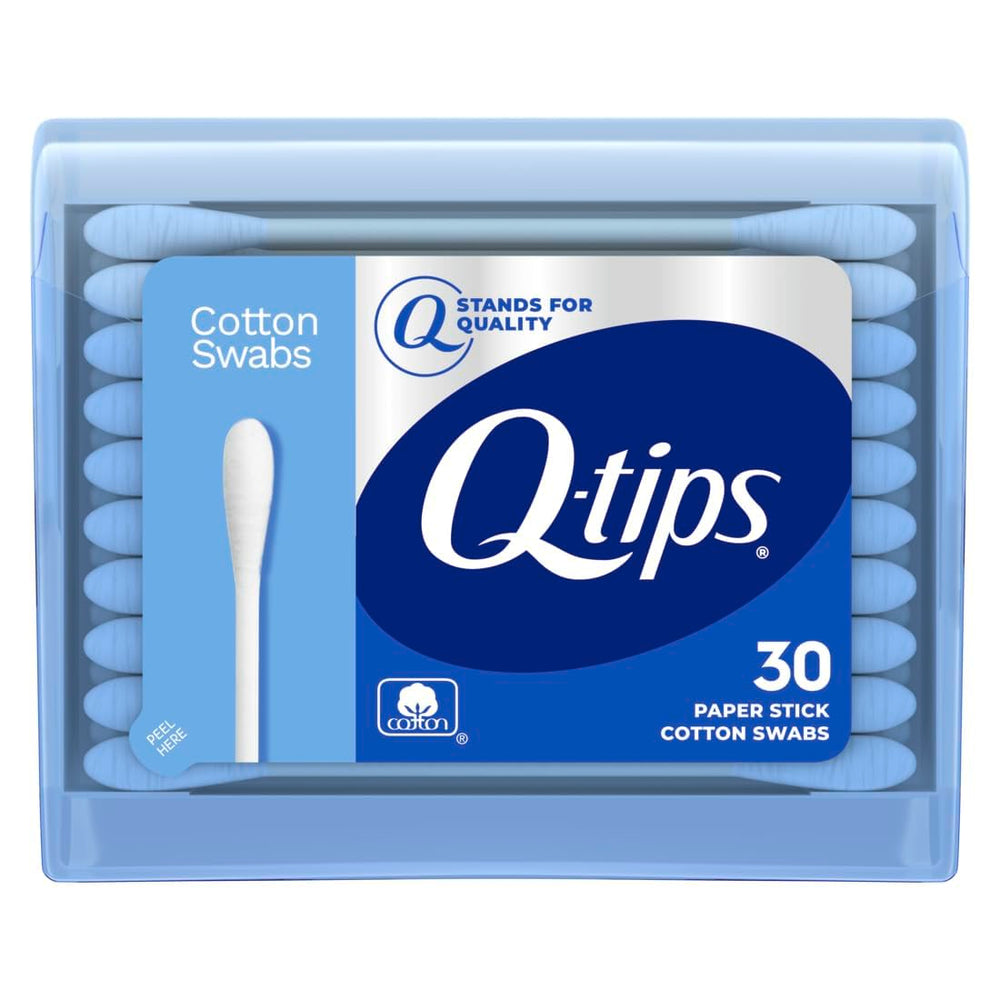 Q-tips blue travel pack front view showing flip-top dispenser and portability benefit