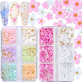 Qdsuh 3D flower nail charms packaging two boxes for easy storage and DIY.