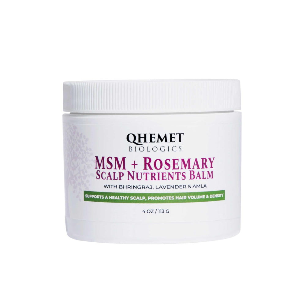Qhemet Biologics MSM + Rosemary Scalp Balm bottle for soothing scalp nourishment.