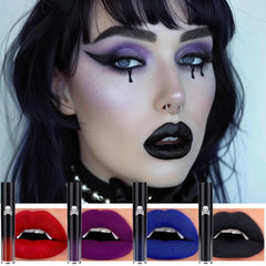 QiBest purple lipstick swatch showing vibrant matte finish and coverage