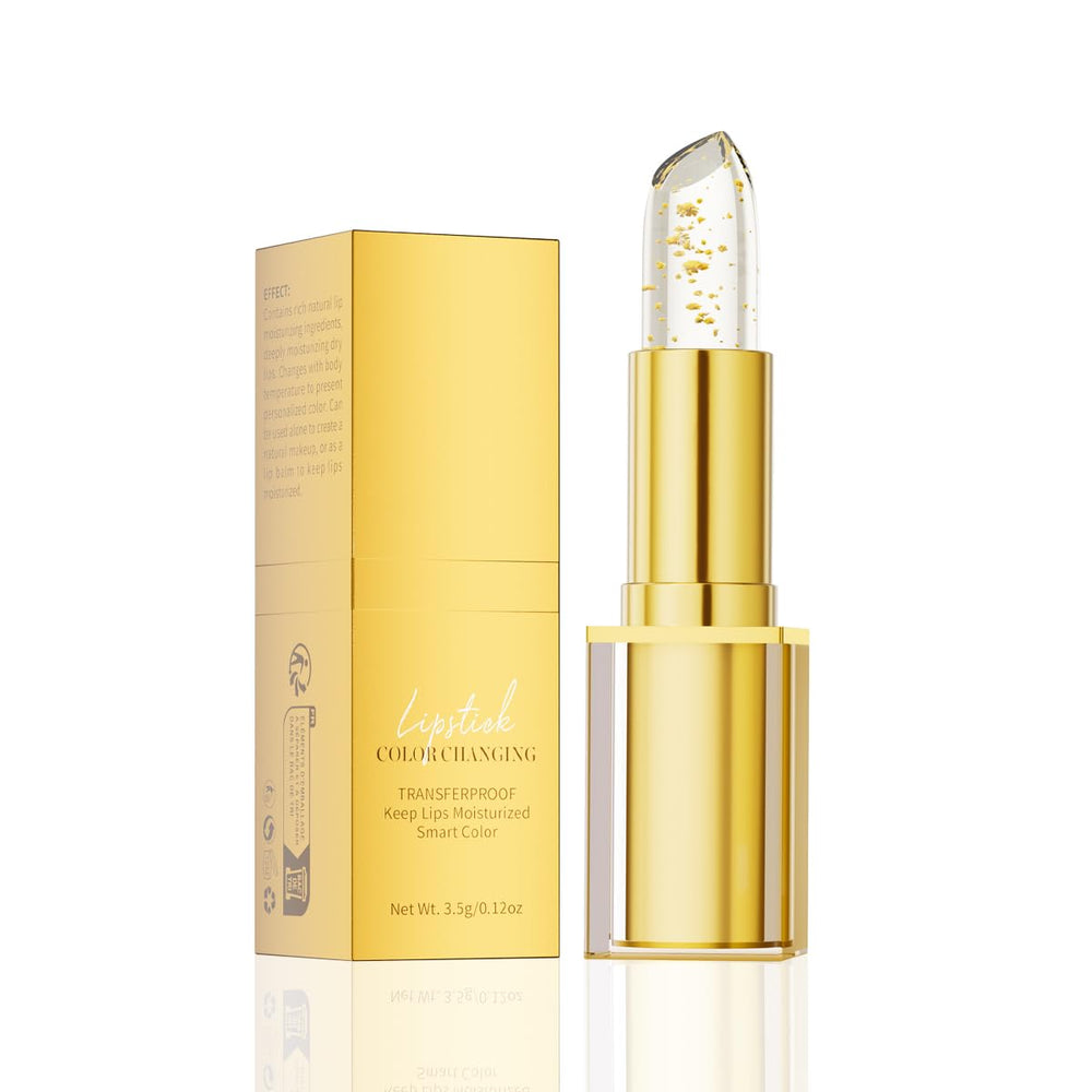 QIC transferproof color-changing lipstick in gold-foil packaging offers all-day wear.