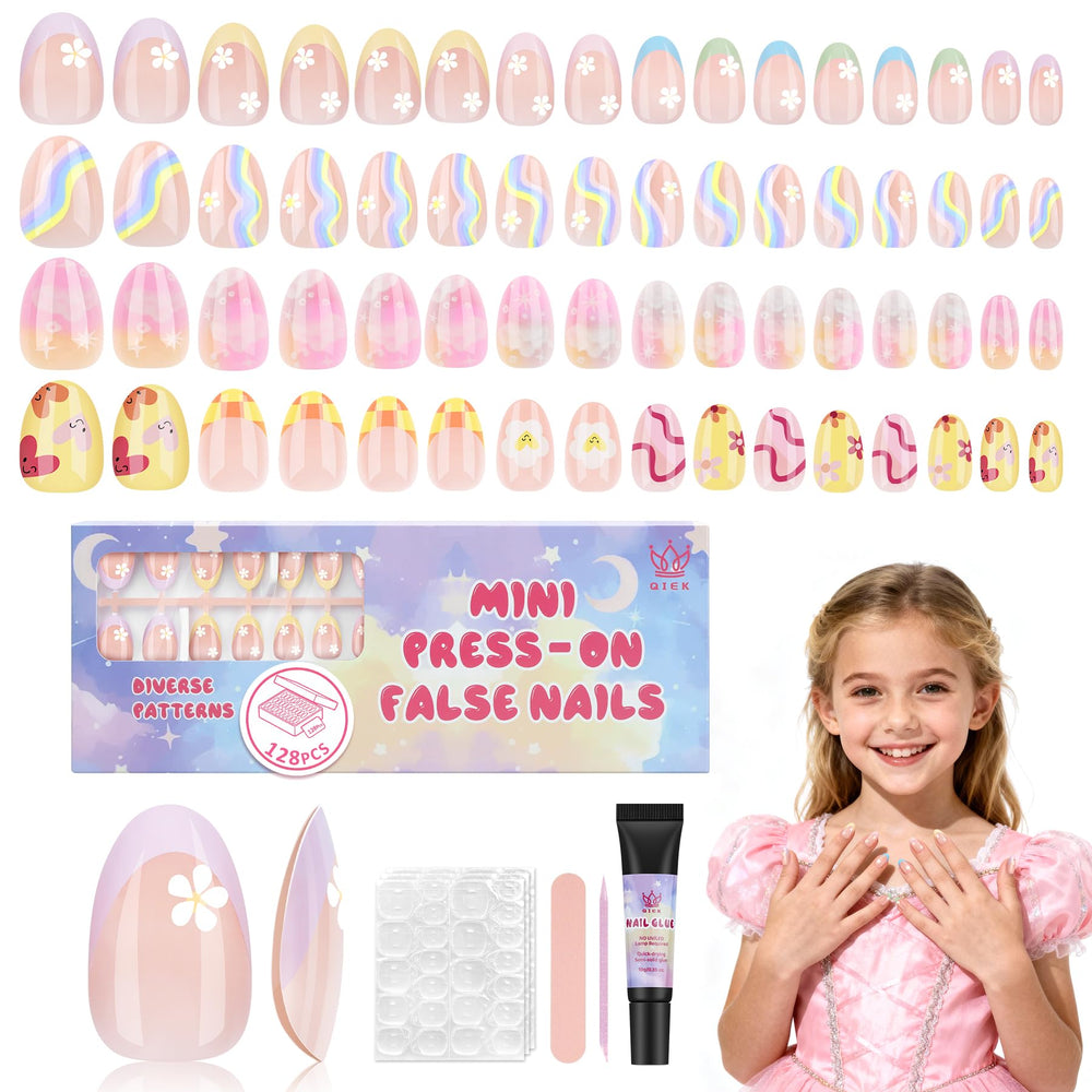 QIEK flowers almond kids nails, appealing design for easy at-home style and confidence.