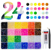 qiipii 24-color jelly rhinestones spread in a tidy drawer for rainbow-inspired crafts