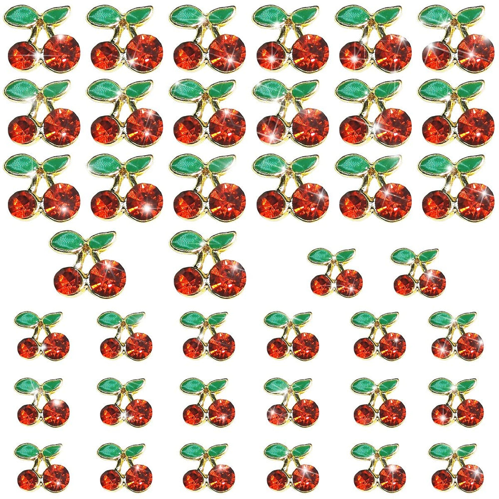 Qiipii 40pcs 3D cherry nail charms in red-gold 6mm for chic manicure embellishment