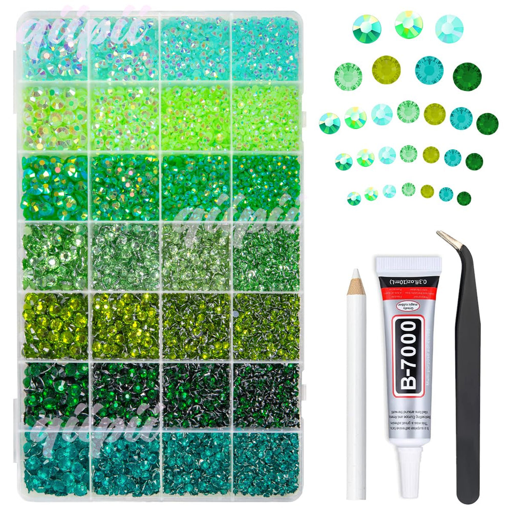 qiipii green jelly rhinestones box shows 28-color set for DIY crafts.